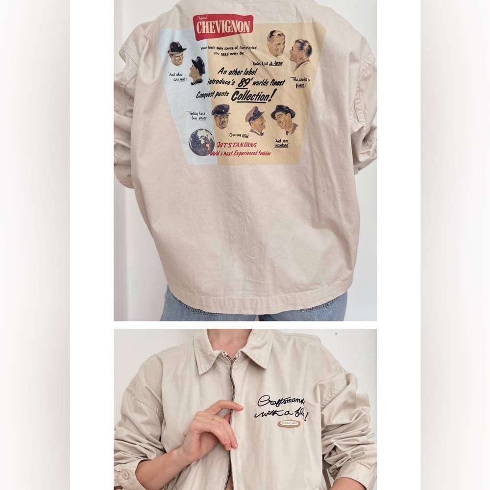 VINTAGE CHEVIGNON CRAFTSMANSHIP BEIGE COTTON BOMBER JACKET EMBROIDERY UNISEX L
